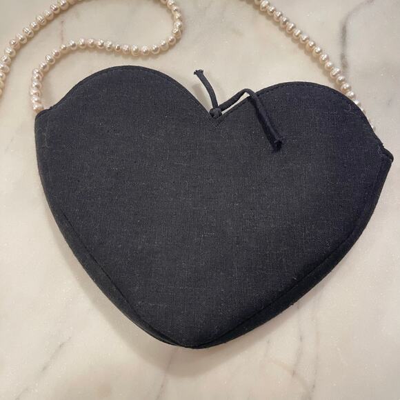 DONNI. | Black Linen Pearl Strap Mini Crush Heart-Shaped Crossbody Bag - Picture 5 of 6